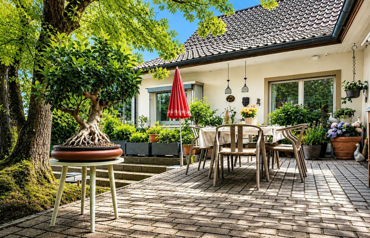Terrasse mit Gartenmöbeln und Bonsai