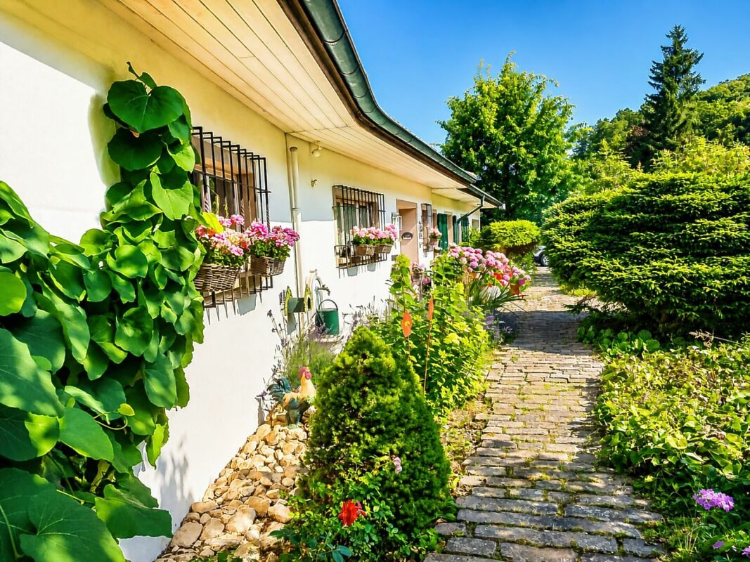 Gepflegter Vorgarten mit Hausfassade und Blumenbeeten