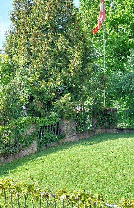 Garten mit Flagge und dichter Begrünung