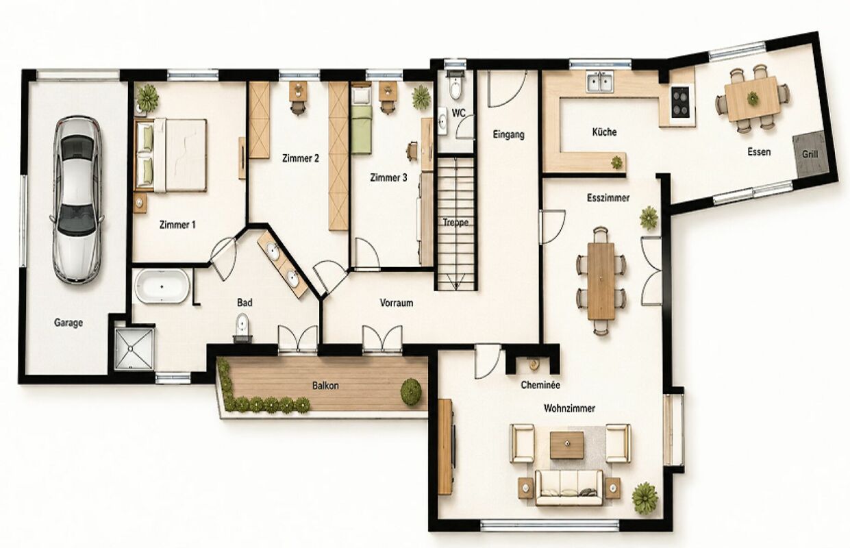 Grundriss eines Hauses mit Garage, Wohnbereich, Küche, Balkon und weiteren Räumen