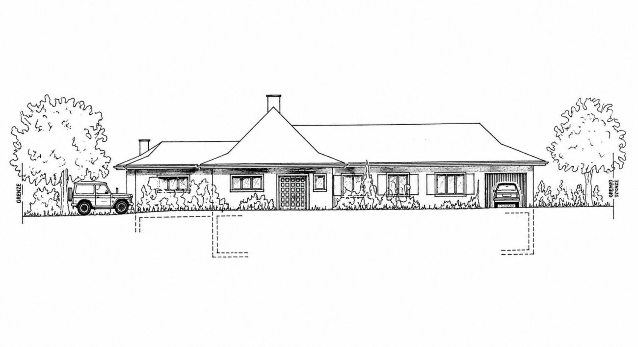 Hausansicht als Schwarzweiß-Architekturzeichnung