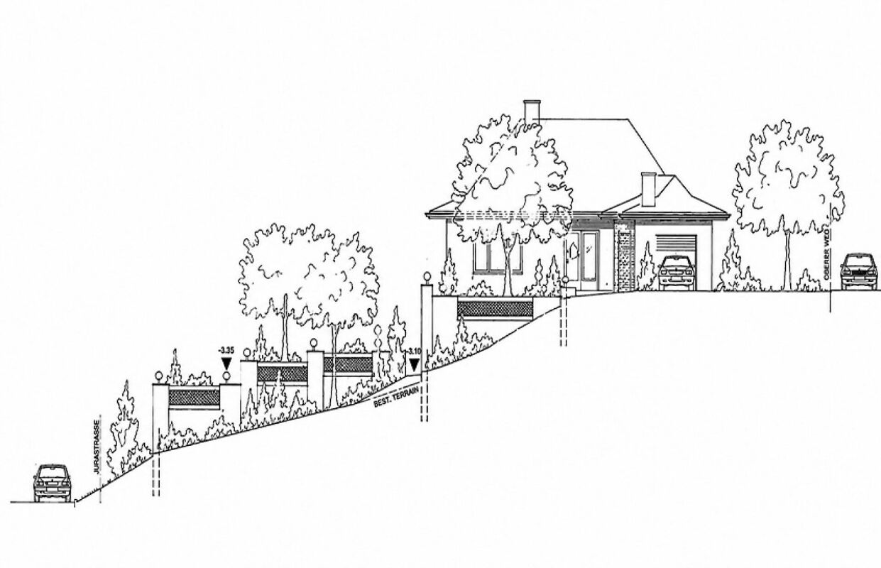 Lageplan mit Hanggrundstück und Hausansicht