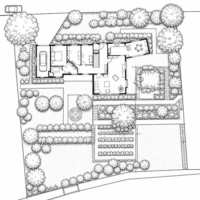Grundriss eines Grundstücks mit Haus, Garten und Nebenflächen