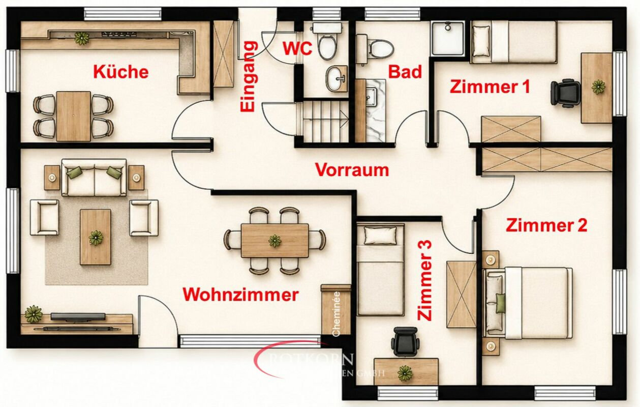 Grundriss einer Wohnung mit beschrifteten Räumen