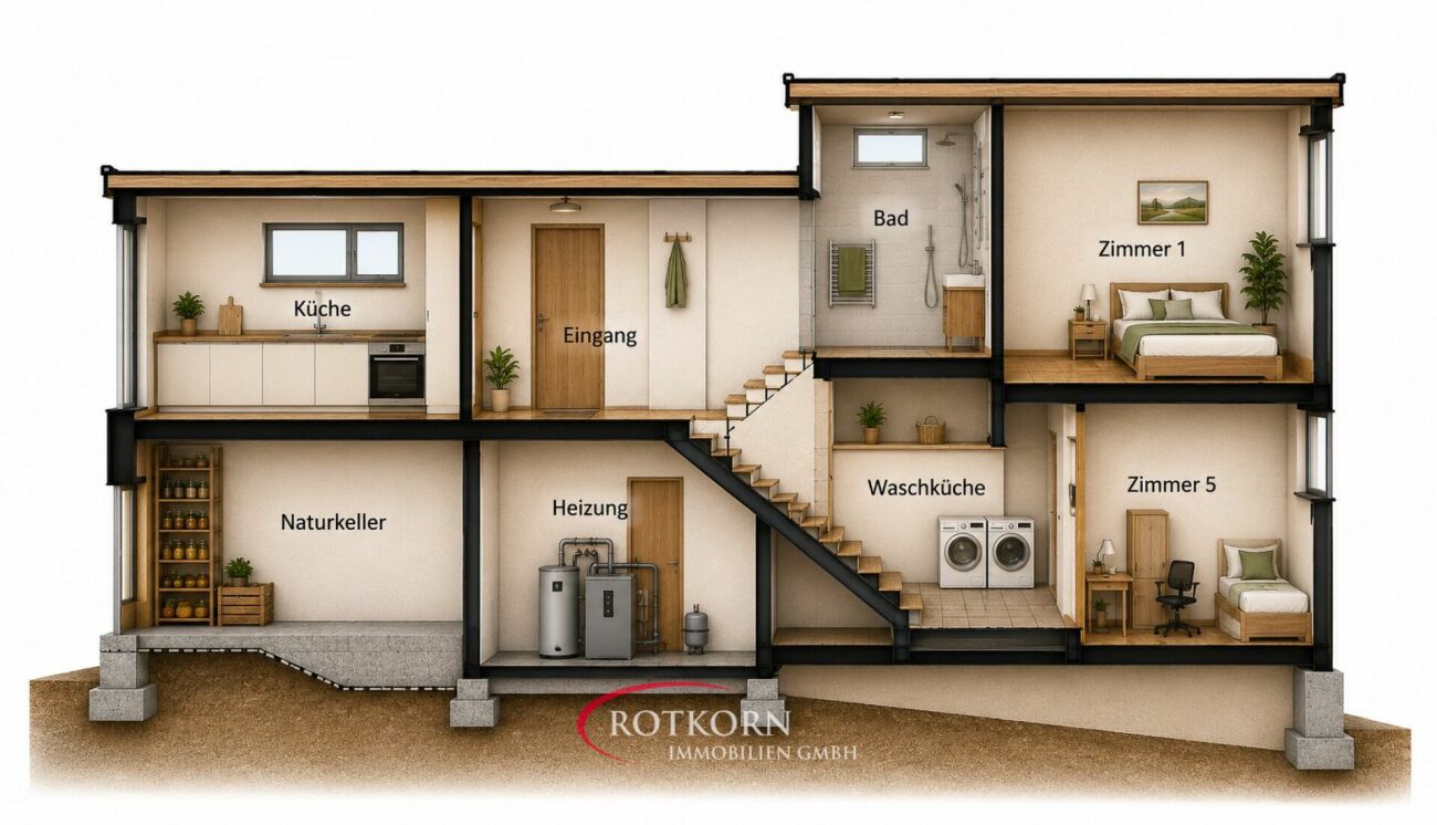Querschnitt eines Hauses mit mehreren Räumen