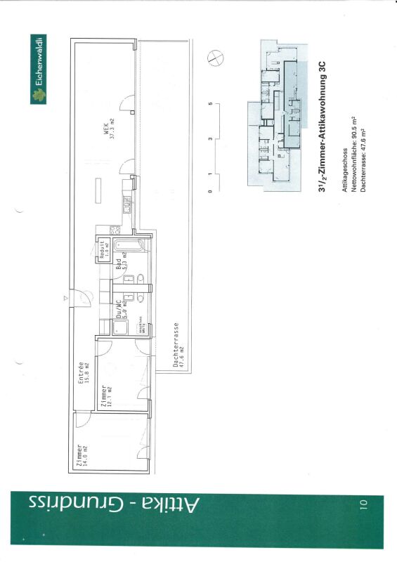 Grundriss einer 3½-Zimmer-Attikawohnung