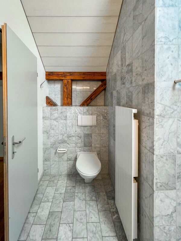 Kleines WC mit Naturstein und Holzbalken