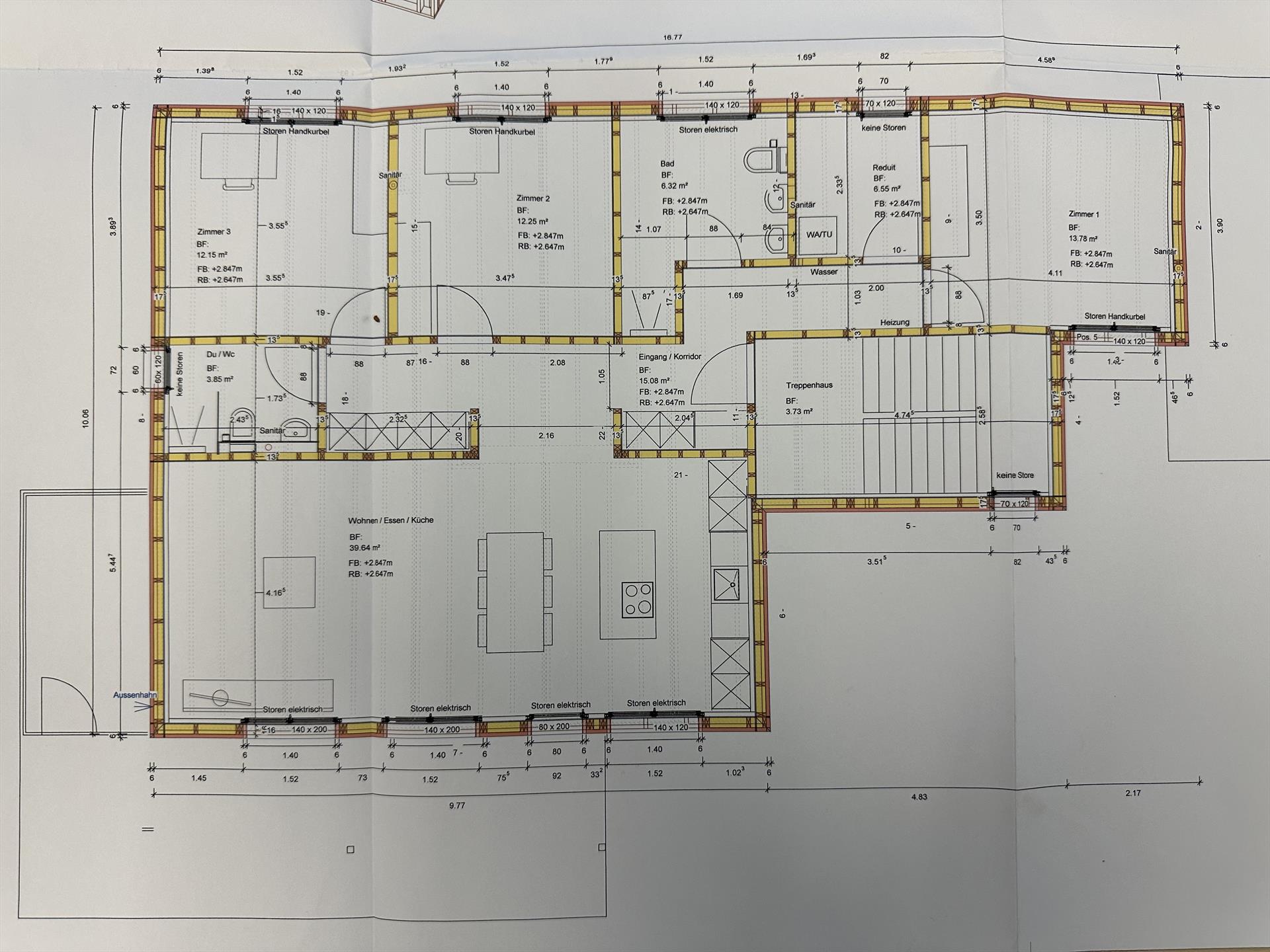 Grundriss einer Wohnung mit drei Zimmern, Wohn-Ess-Küche, Bad, Du/WC, Technik- und Nebenräumen