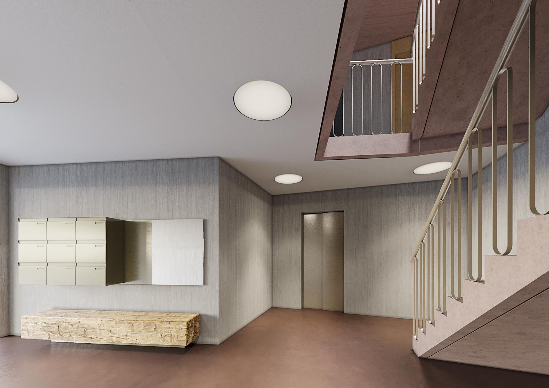 Modernes Treppenhaus mit Briefkastenwand
