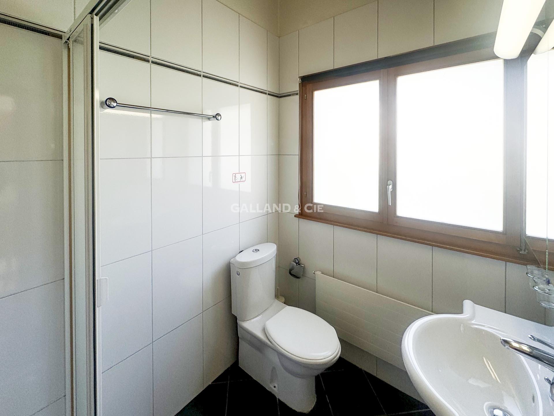 Helles Badezimmer mit Dusche, WC und Fenster