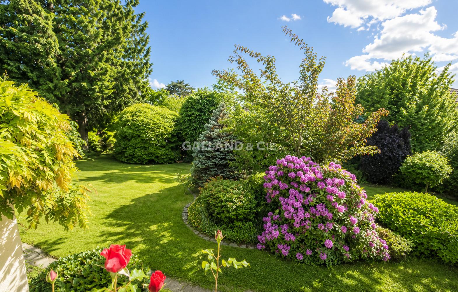 Üppiger, gepflegter Garten mit Blütensträuchern