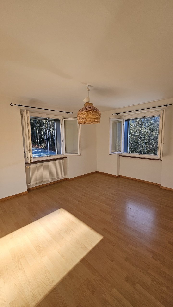 Leerer heller Raum mit zwei Fenstern und Holzboden