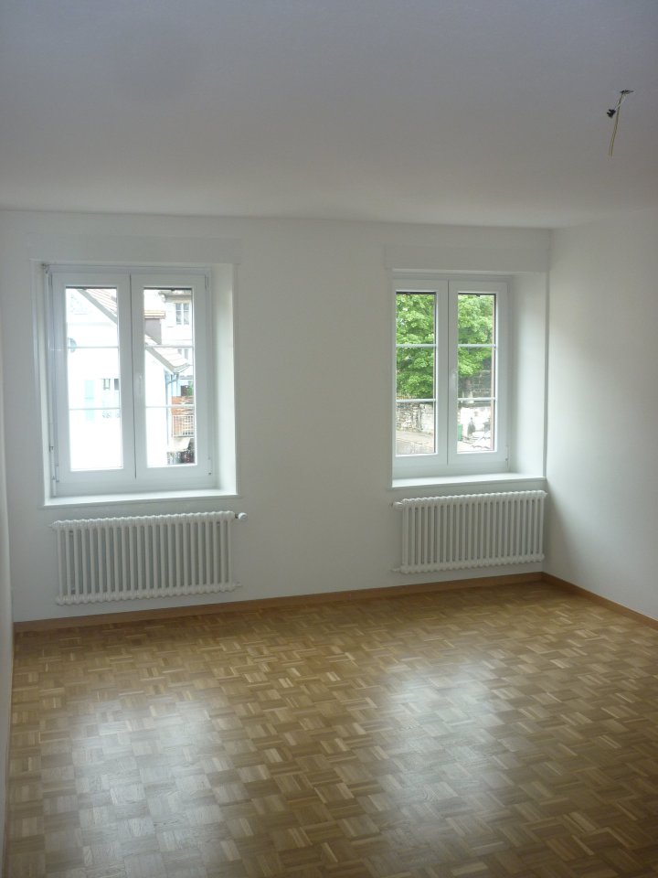 Heller leerer Raum mit zwei Fenstern und Parkettboden