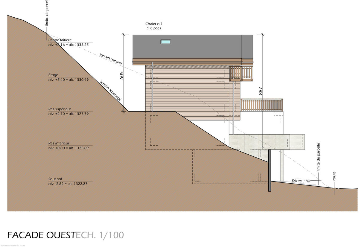 Westfassade und Geländeschnitt eines Chalets