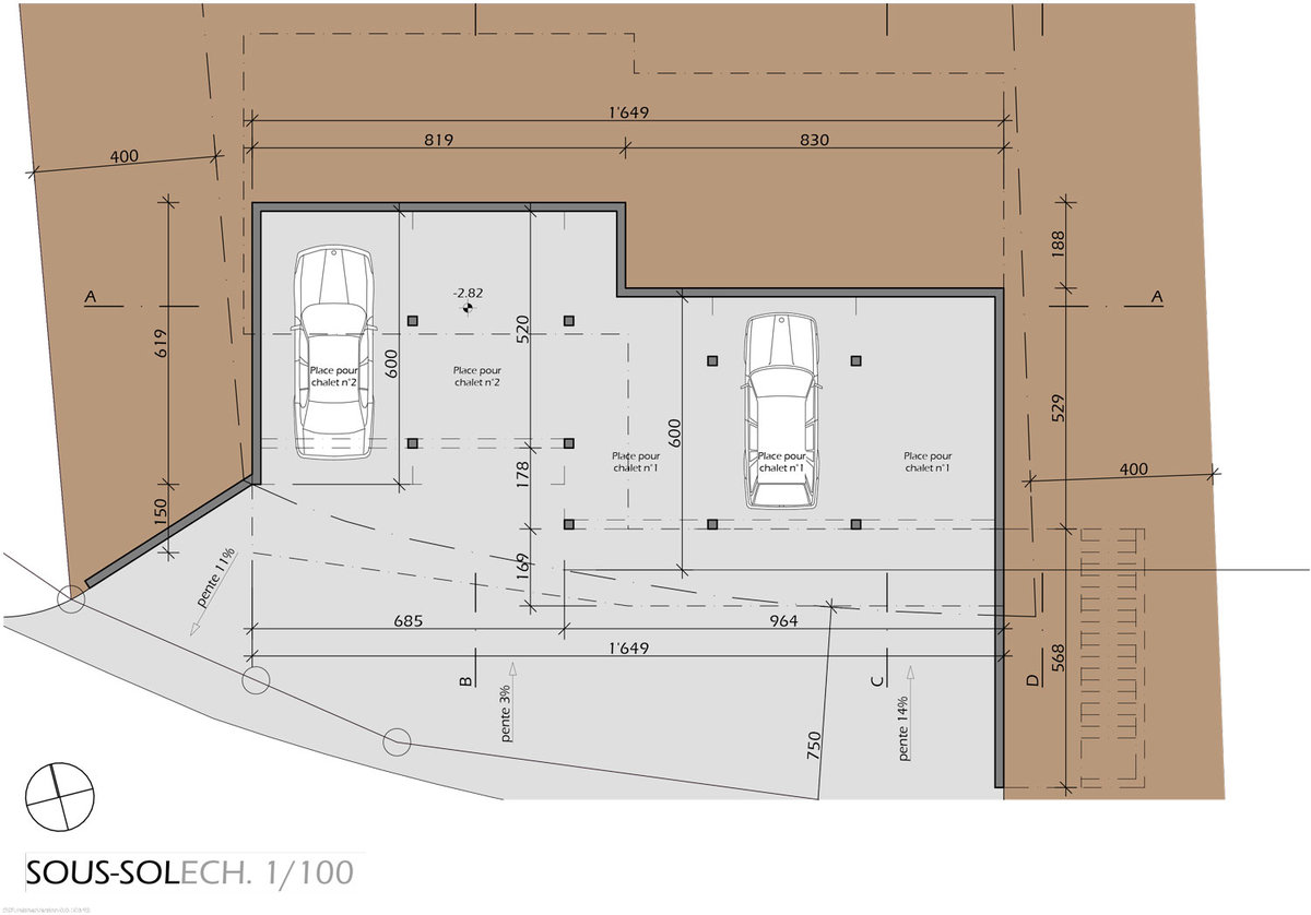 Grundriss einer Tiefgarage im Untergeschoss