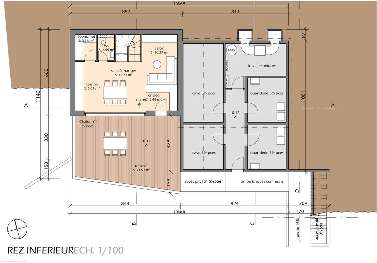 Untergeschoss-Grundriss mit Terrasse und Nebenräumen