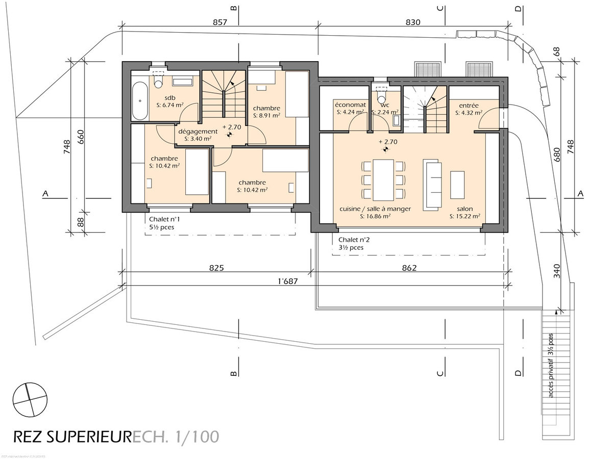 Grundriss der oberen Etage eines Chalets