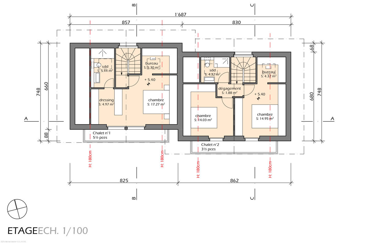 Grundriss einer Obergeschoss-Etage mit zwei Chalet-Einheiten