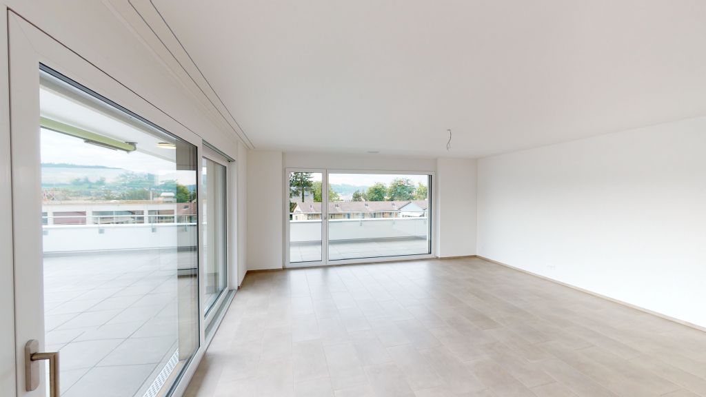 Heller, leerer Wohnraum mit großer Terrasse