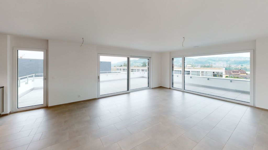 Großer leerer Wohnraum mit Terrasse und Panoramafenstern