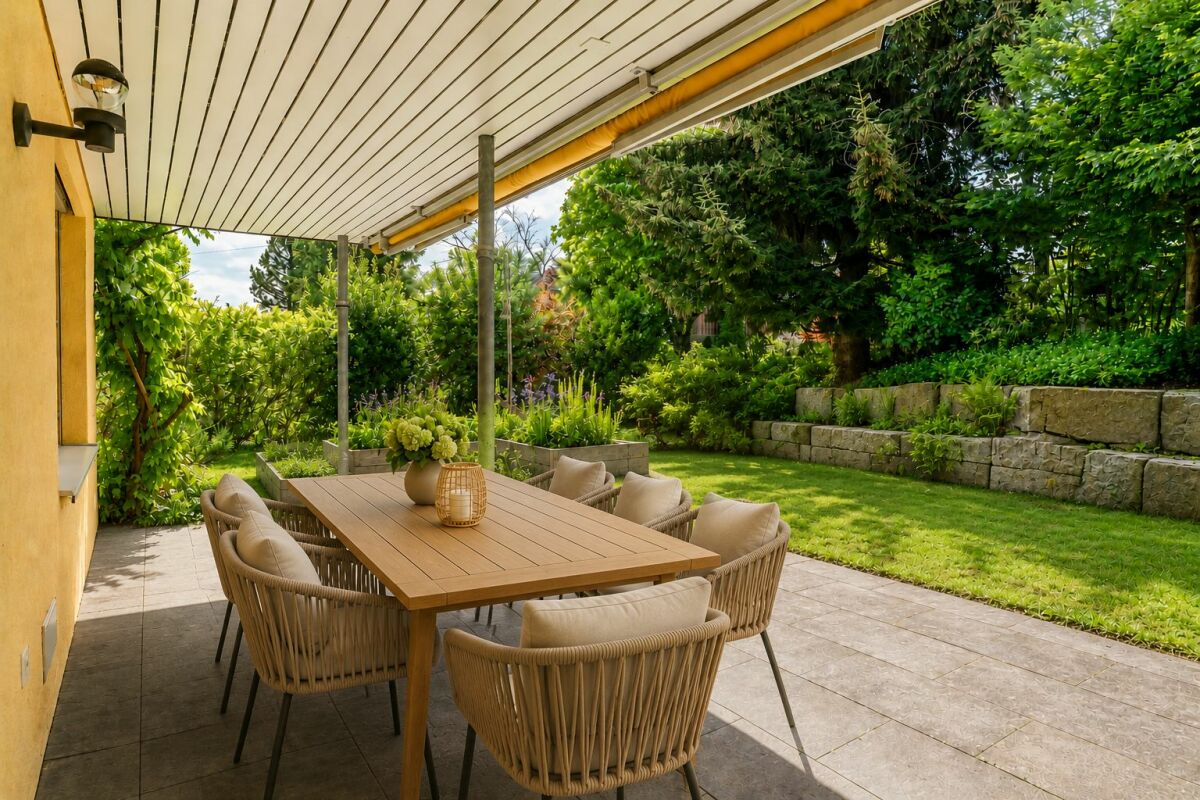 Überdachte Terrasse mit Gartenblick