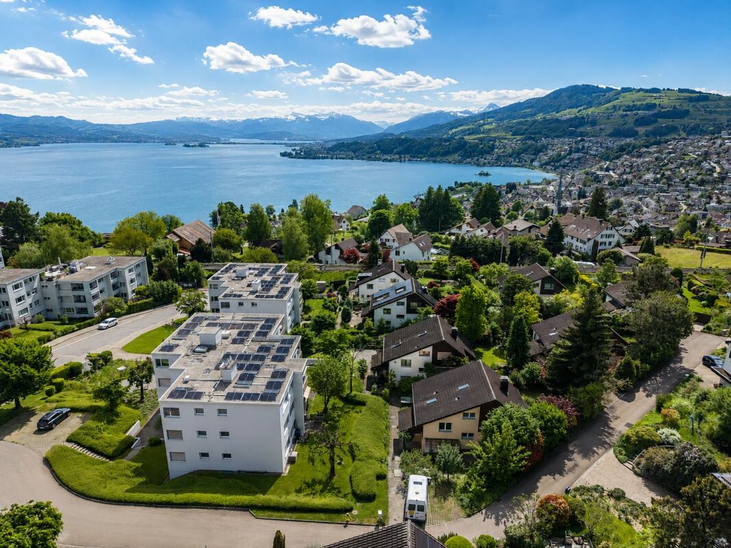 Seeblick über Wohngebiet