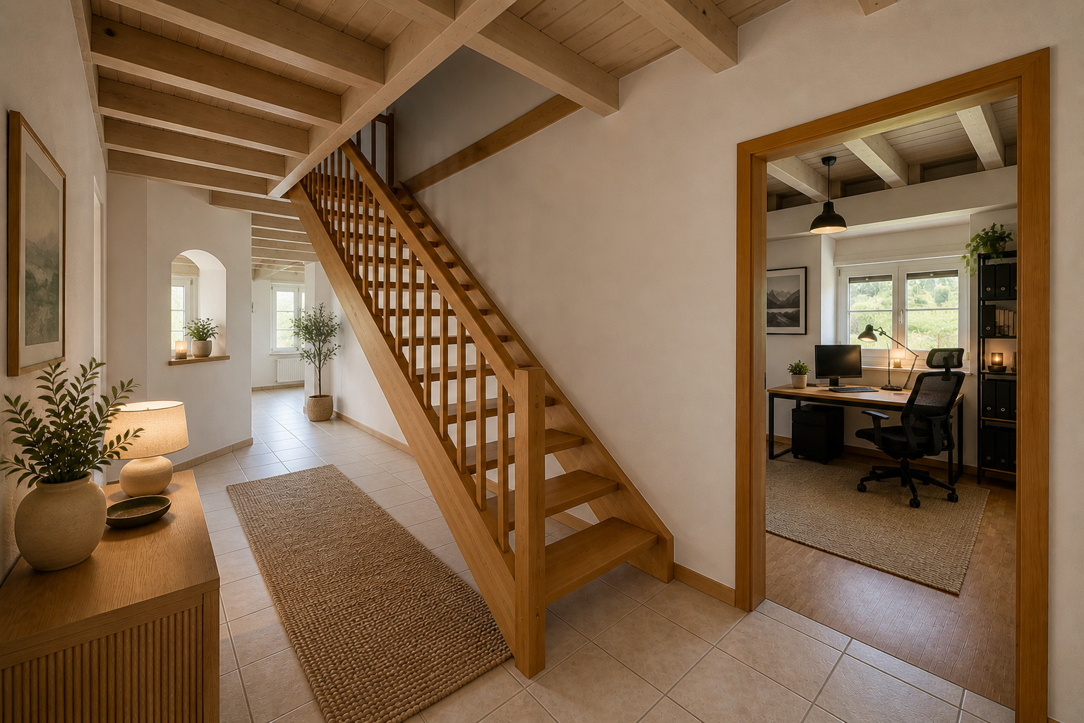Heller Flur mit Holztreppe und Arbeitszimmer