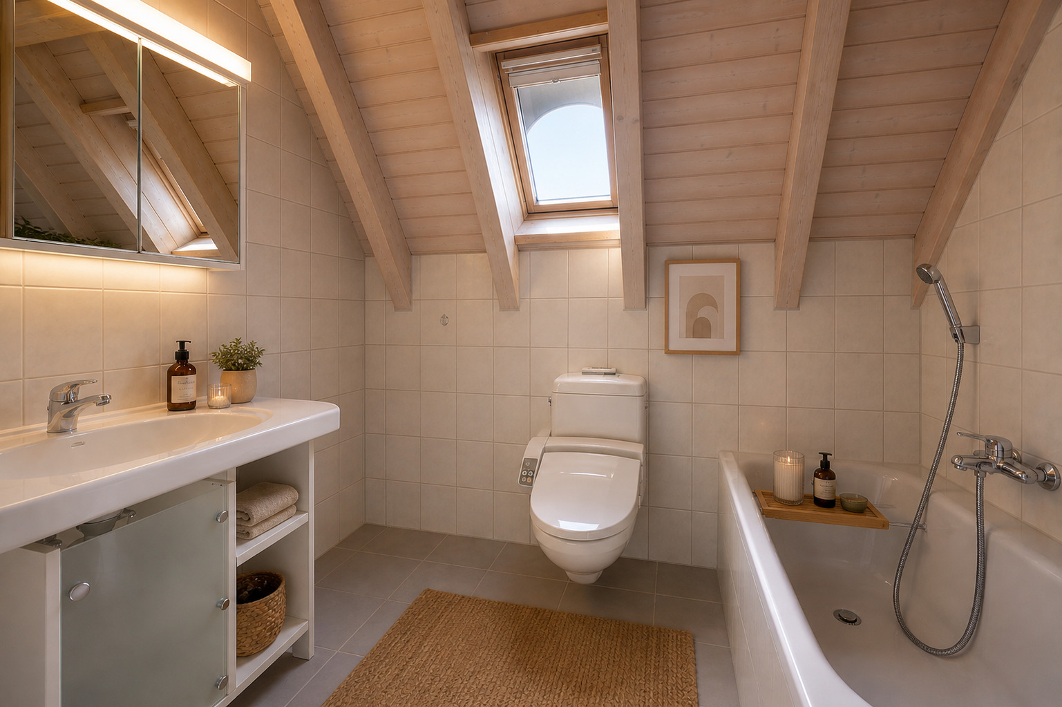 Modernes Dachgeschossbad mit Badewanne, WC und Waschtisch