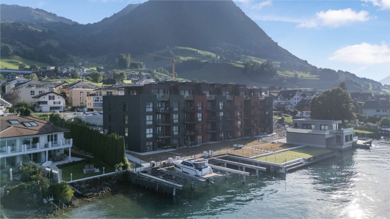 Seeufer mit Wohnbebauung vor Bergkulisse