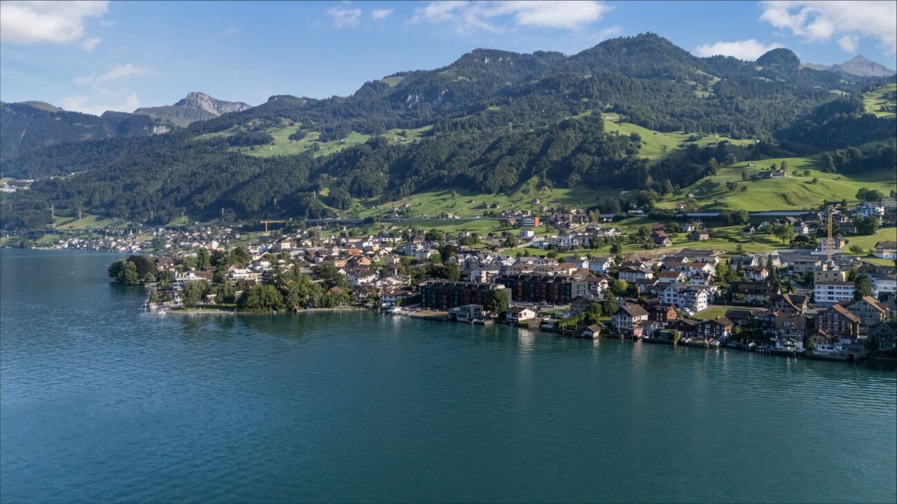 See- und Bergpanorama mit Ortschaft