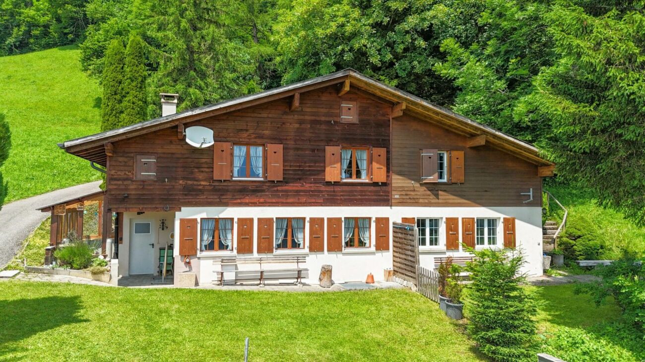 Alpines Holzhaus mit grüner Umgebung
