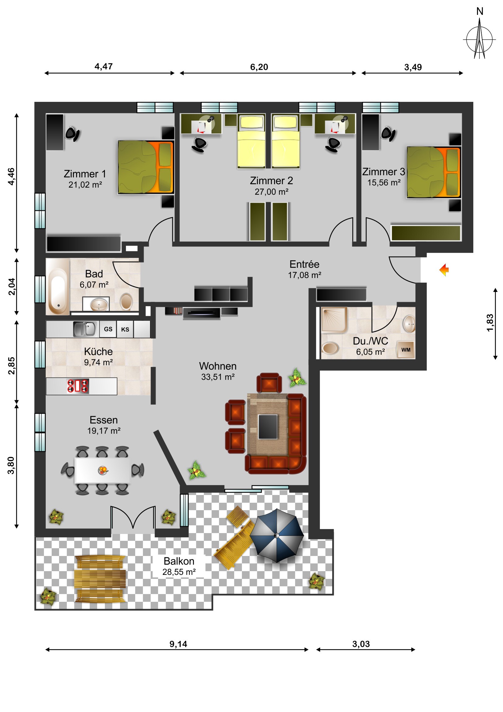 Grundriss einer Wohnung mit Balkon