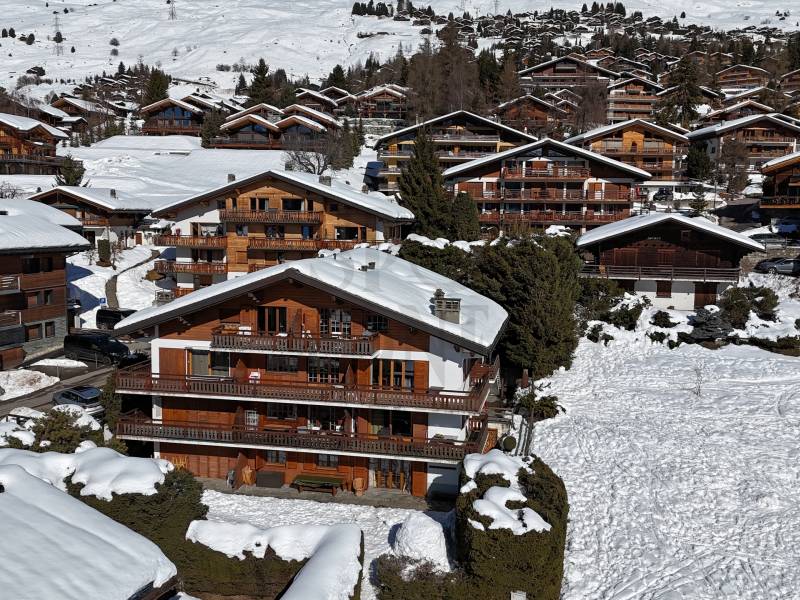 Alpines Wohngebiet mit Chalet-Häusern im Schnee