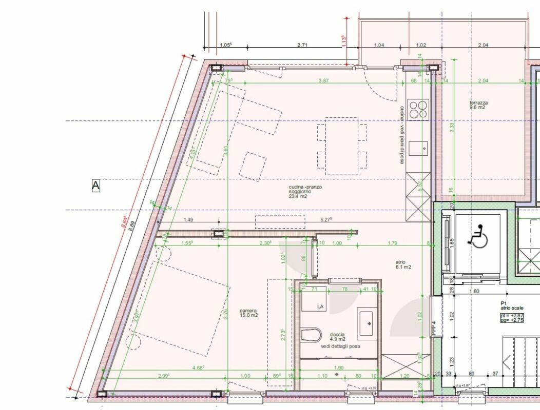 Grundriss mit Küche-Essbereich, Schlafzimmer, Dusche und Terrasse
