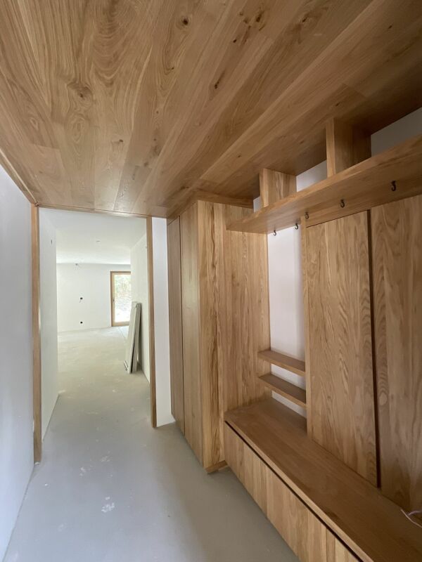 Flur mit Holz-Einbauten im Rohbau
