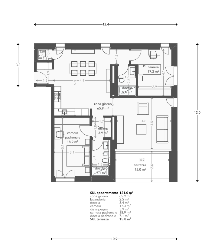 Grundriss einer Wohnung mit Terrasse