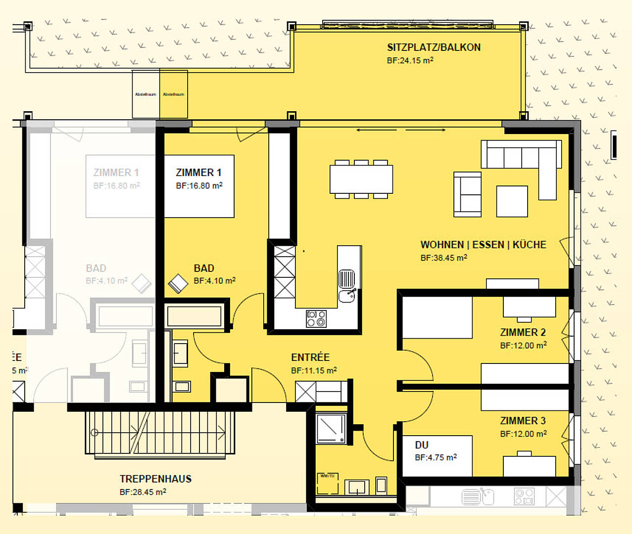 Wohnungsgrundriss mit Balkon und mehreren Zimmern