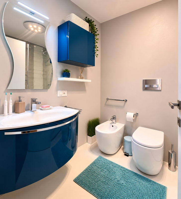 Modernes Gäste-WC mit auffälligem blauem Waschtischunterschrank