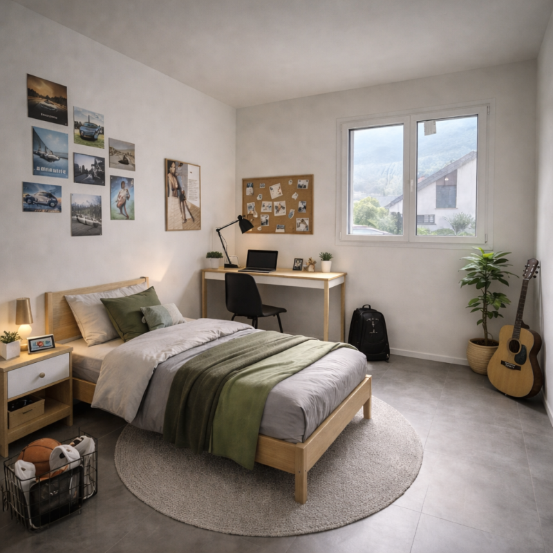 Helles Schlafzimmer mit Schreibtisch und Fensterblick