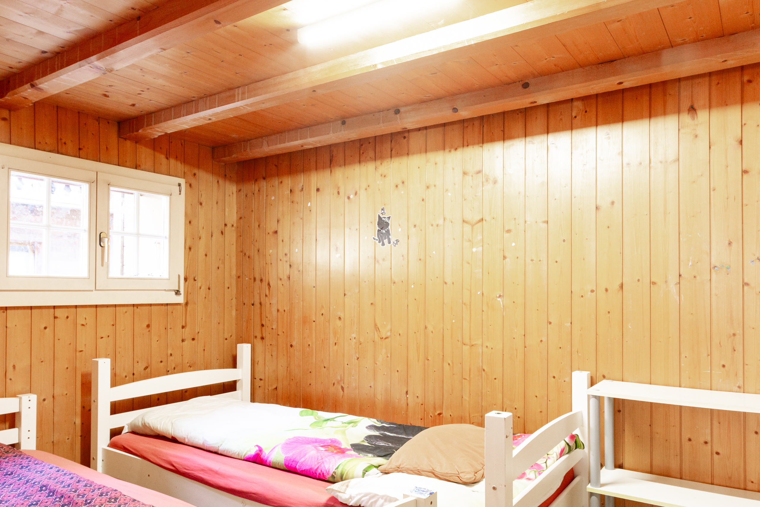 Holzvertäfeltes Schlafzimmer mit Tageslicht