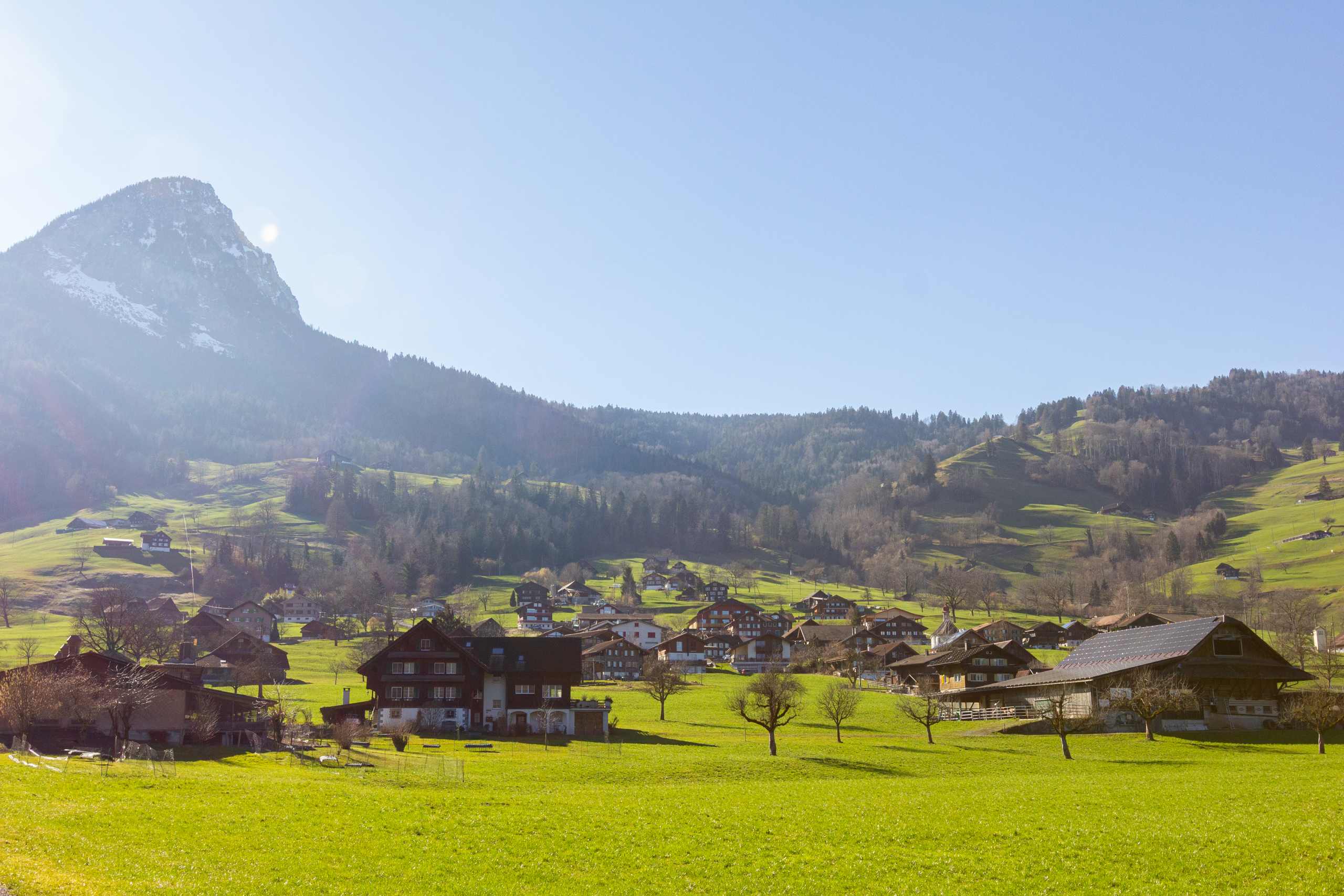 Alpenlandschaft mit Dorf und Bergmassiv