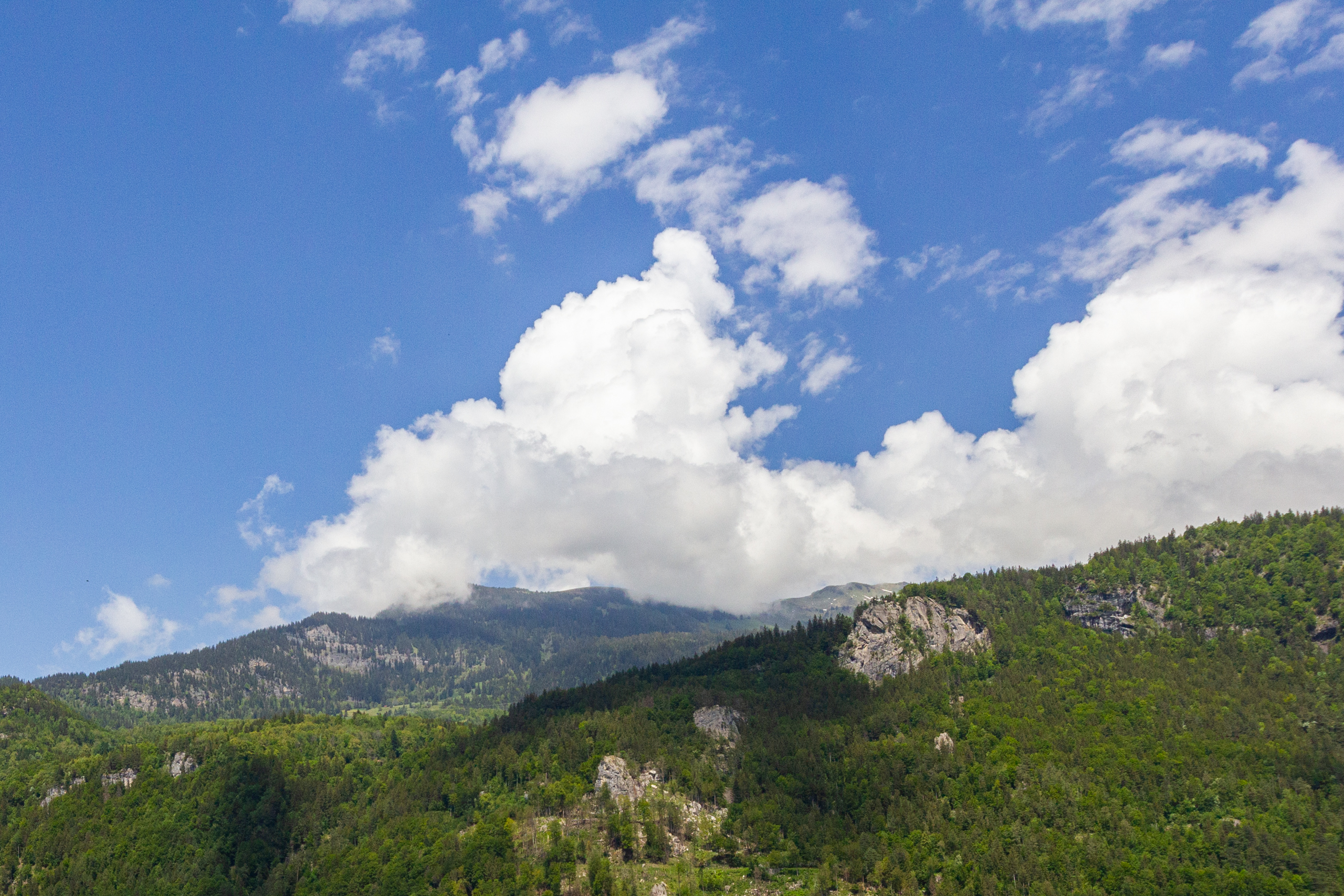 Berglandschaft mit bewaldeten Hängen unter blauem Himmel