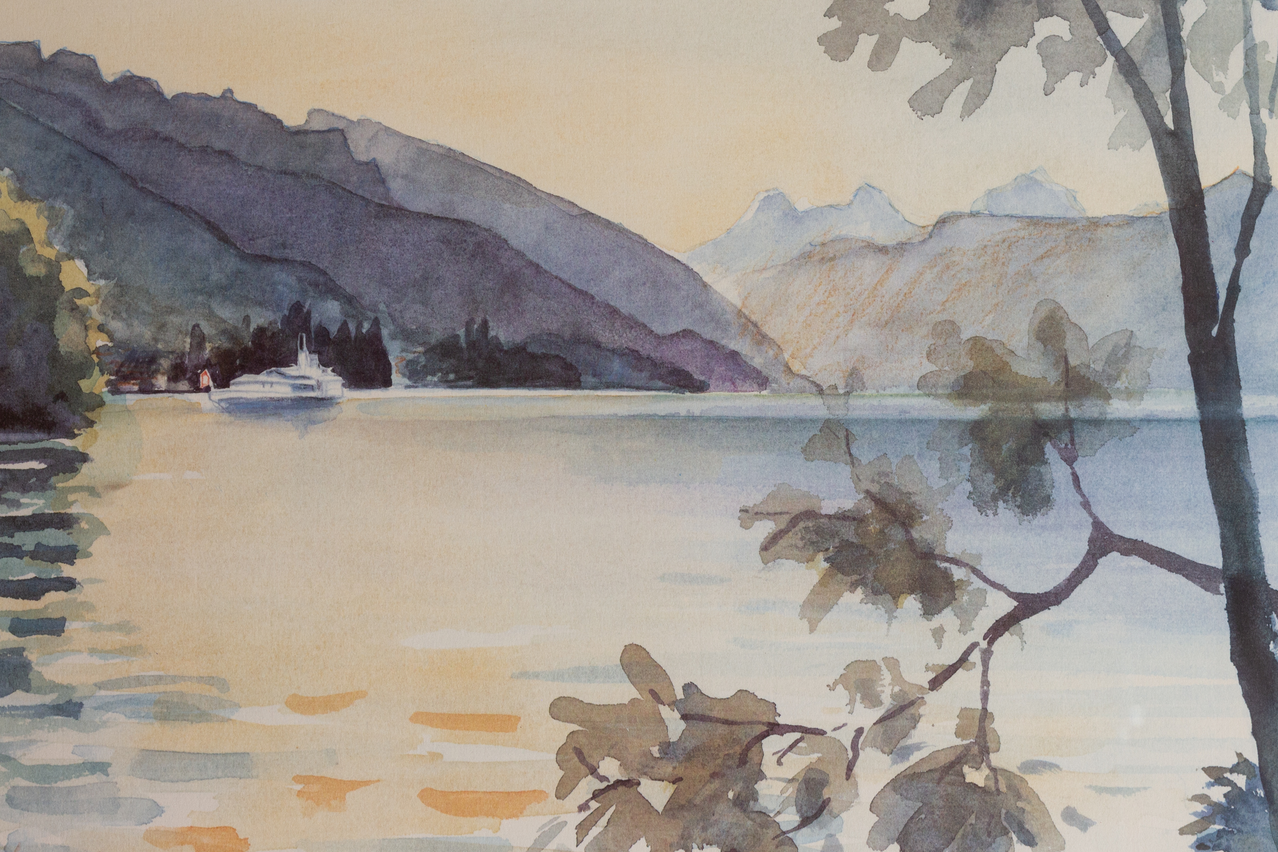Aquarell-Landschaft mit See und Bergen