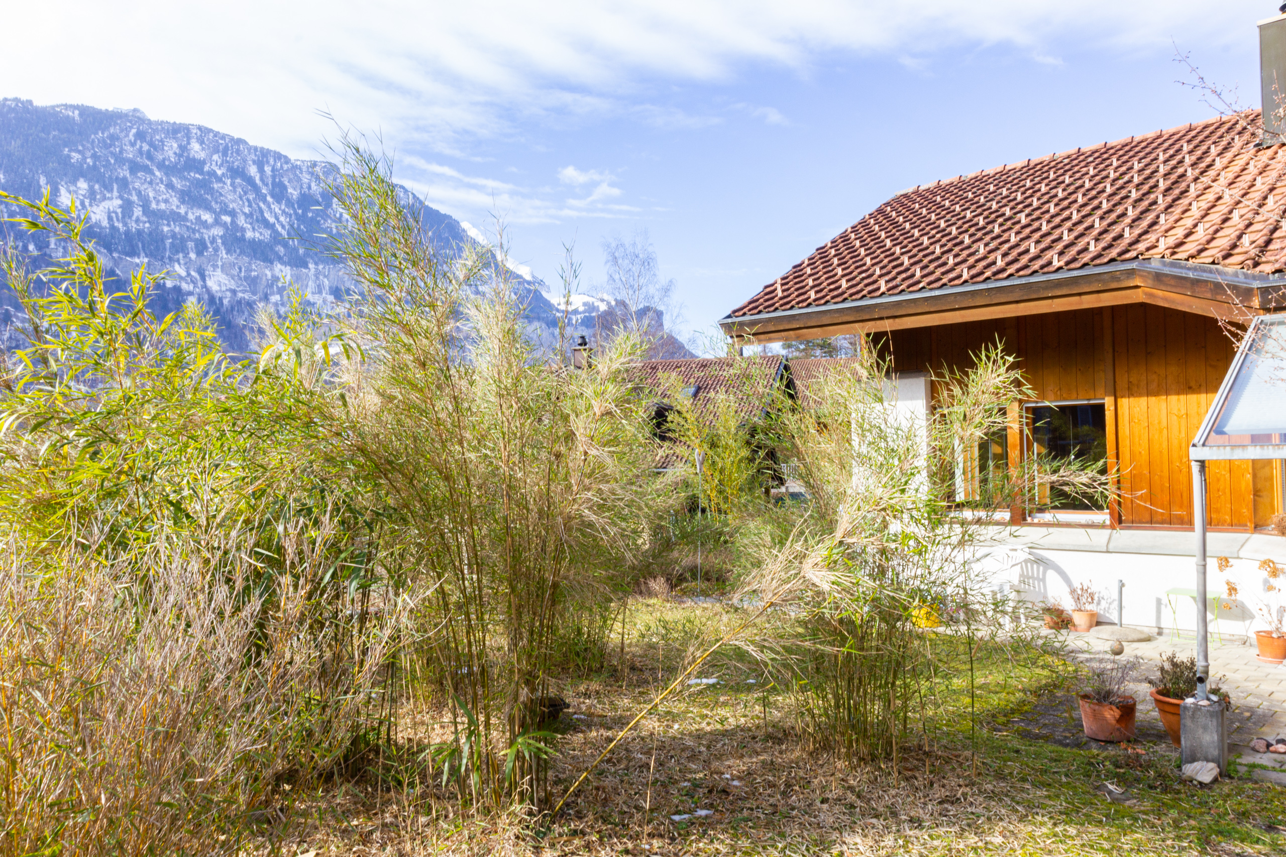 Holzhaus mit Bergblick und Garten