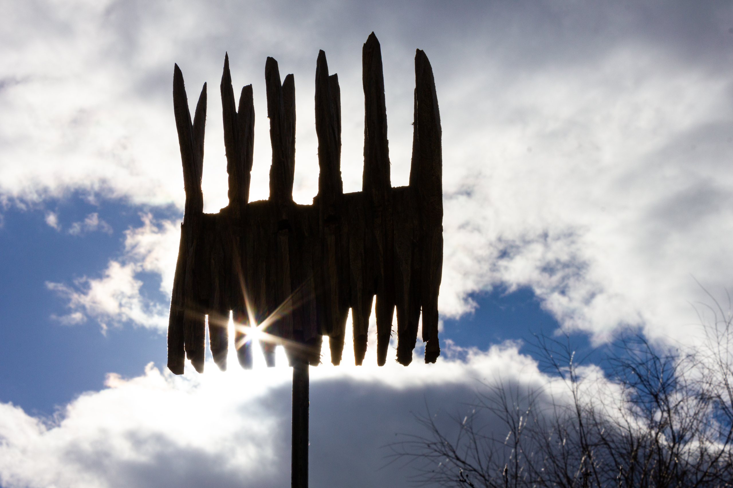 Gegenlichtaufnahme eines hölzernen Pfahls mit ausladenden Spitzen vor wolkigem Himmel