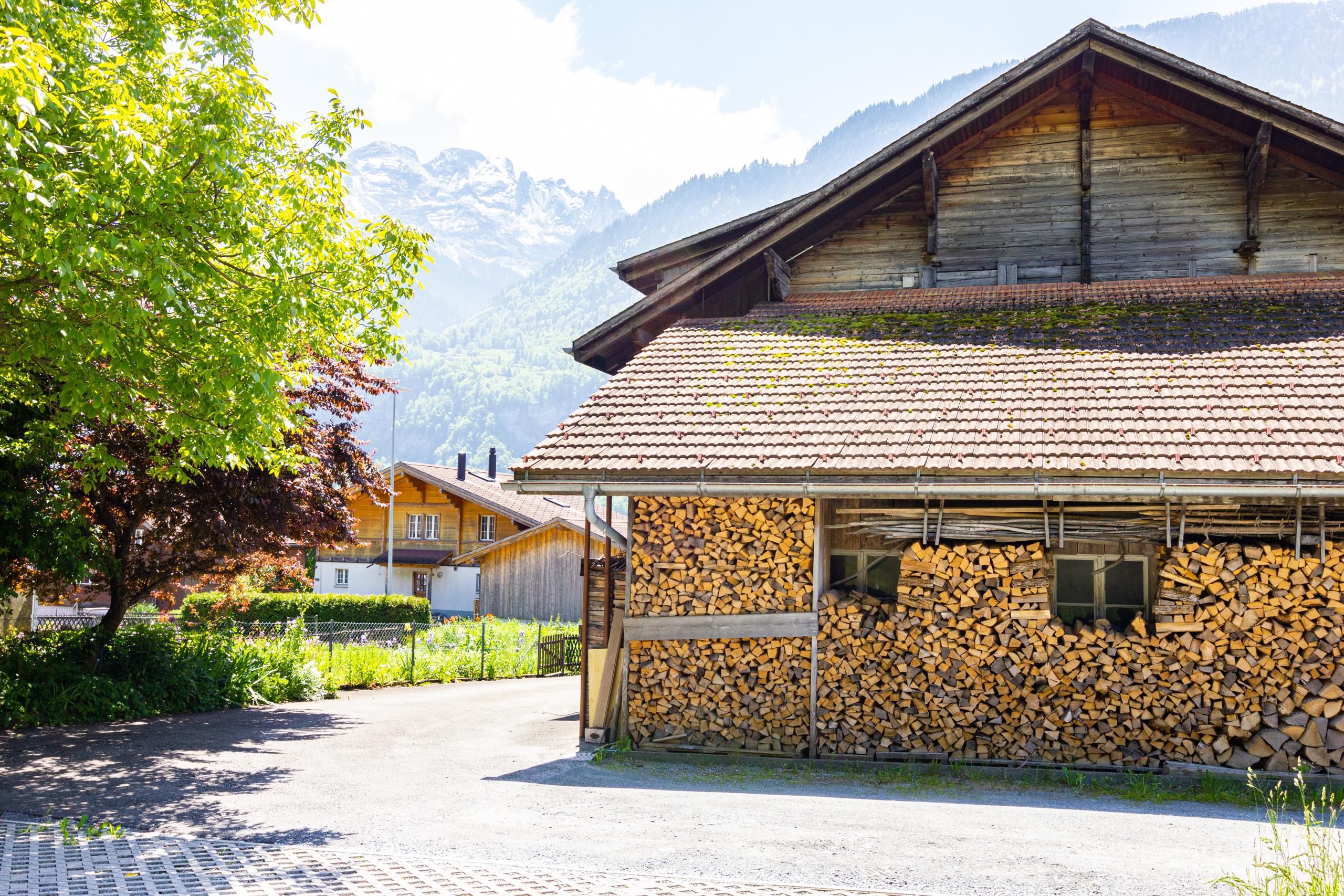 Alpines Bauernhaus mit Holzstapel