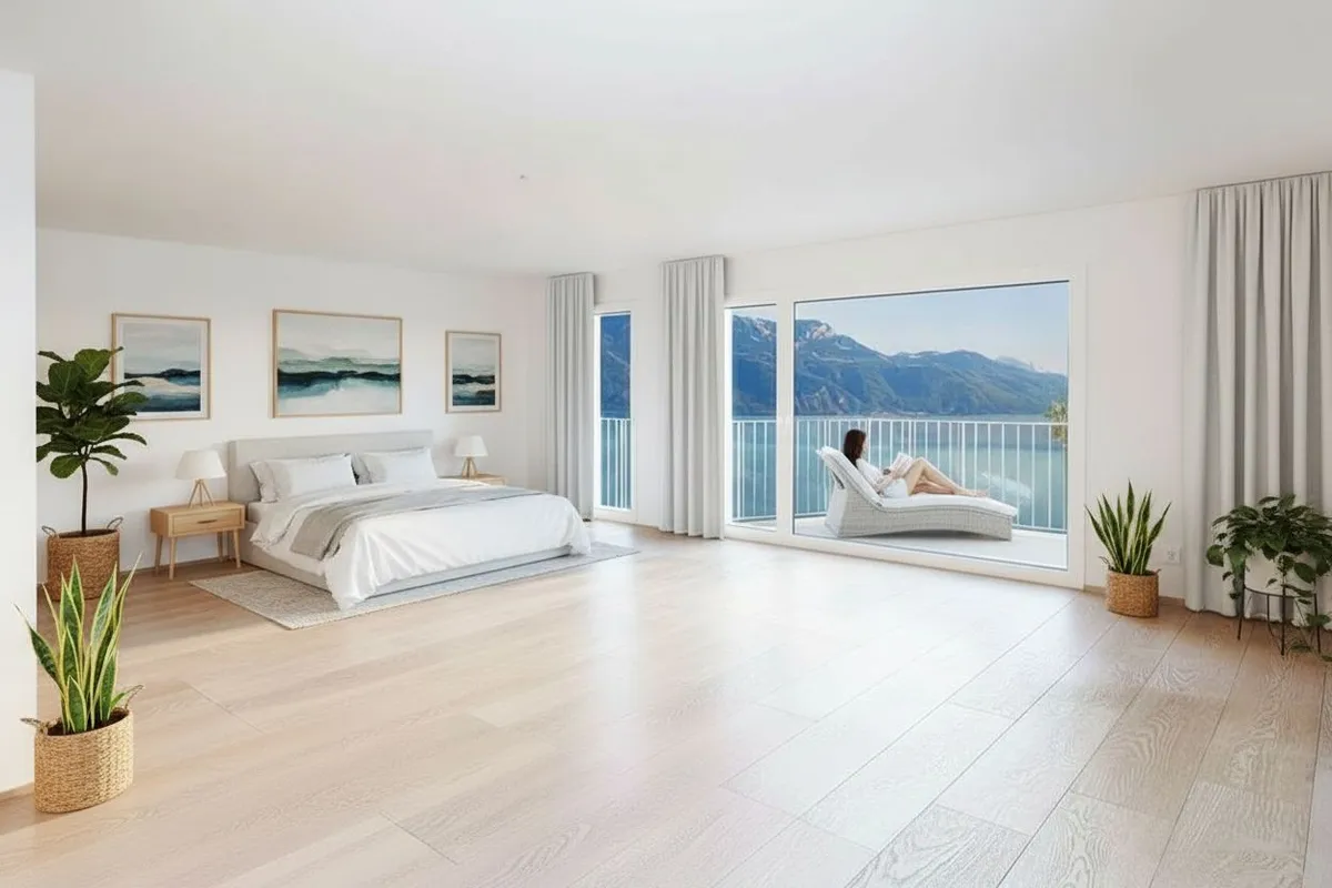 Helles Schlafzimmer mit Seeblick