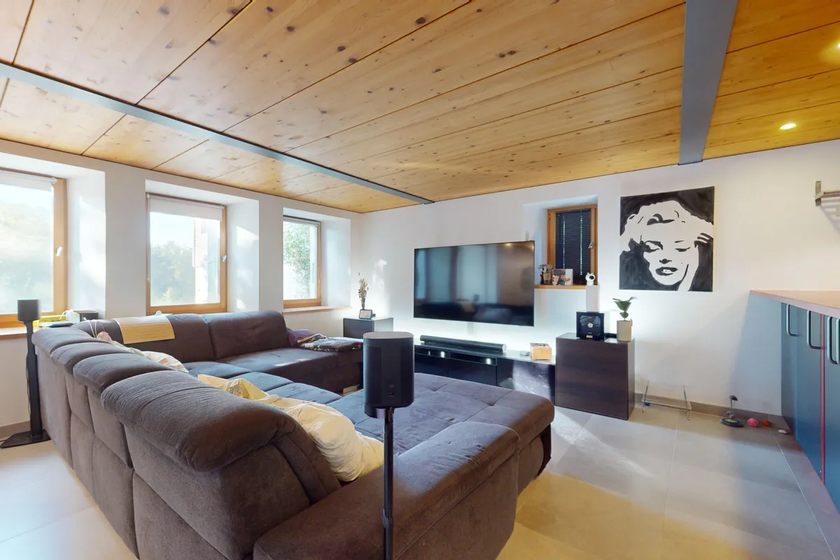Helles Wohnzimmer mit Holzdecke und großem Sofa