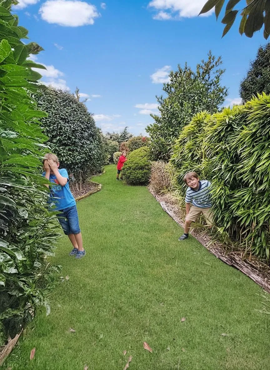 Gartenweg zwischen dichten Hecken