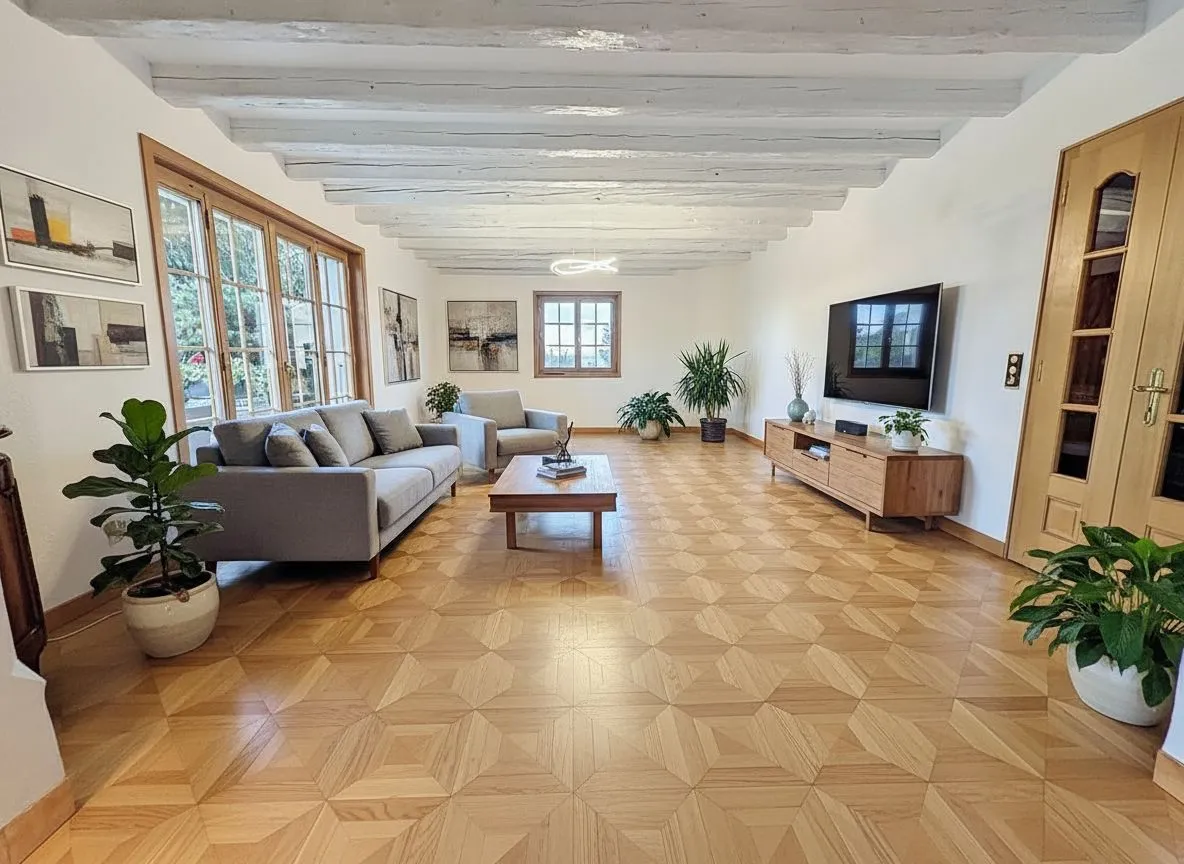 Helles, großzügiges Wohnzimmer mit Holzboden und Sichtbalken